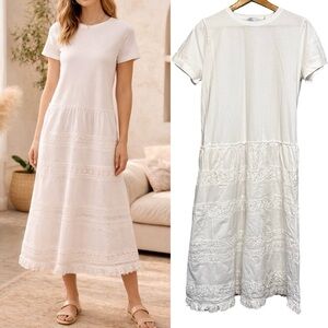 Kinly White Cotton Midi Dress Large Boho Prairie Lace Tiered Cottagecore